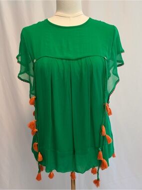 Banjanan Anthropologie NWT Tassel Top Ruffle Sleeve Boho Blouse Size S